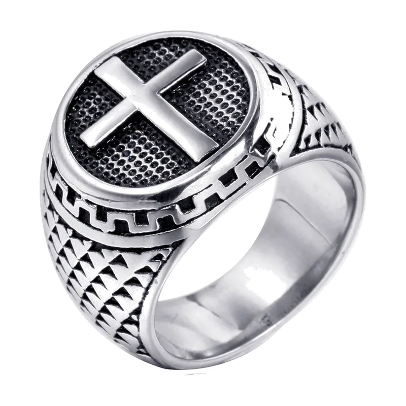 Anello Sigillo con Croce e Dettagli Texture, Acciaio Inossidabile