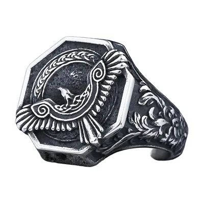 Hexagonaler Herren-Siegelring mit Wikinger-Adler, Edelstahl
