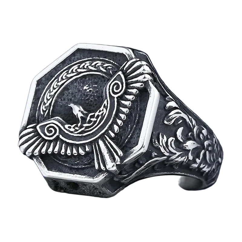 Hexagonal Signet Ring with Viking Eagle Motif, Stainless Steel
