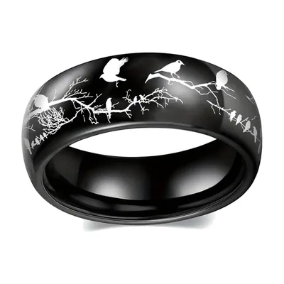 Anello a fascia con motivo uccelli e rami, Acciaio Inox Nero