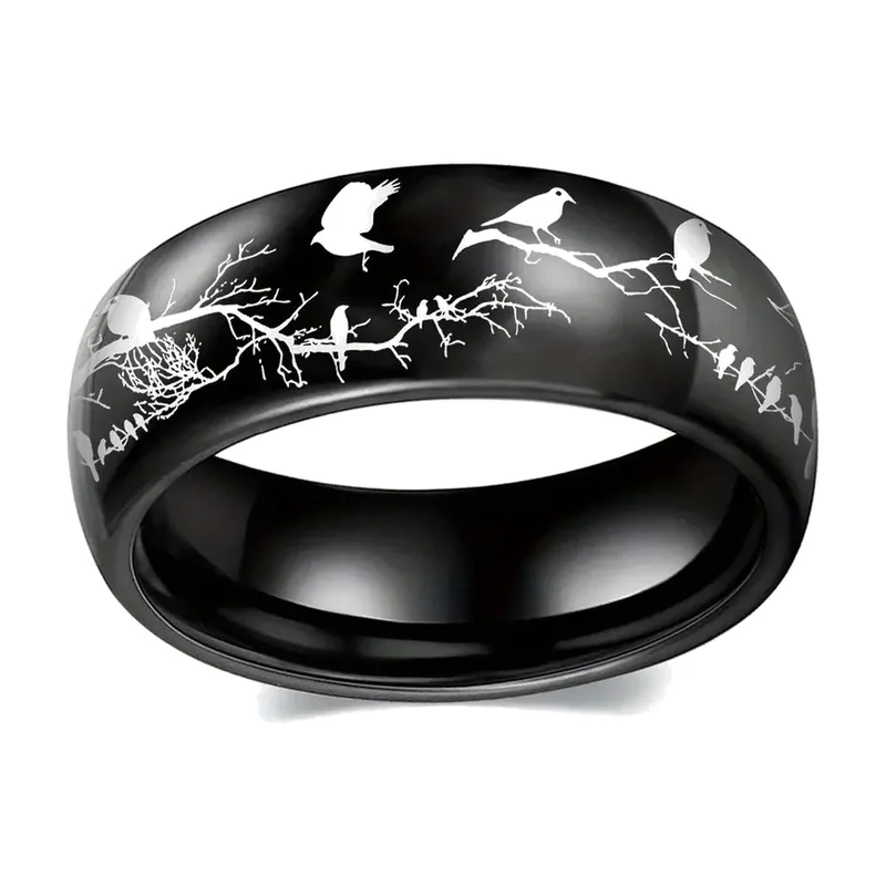 Bague à motif d'oiseaux et branches, Acier Inoxydable Noir