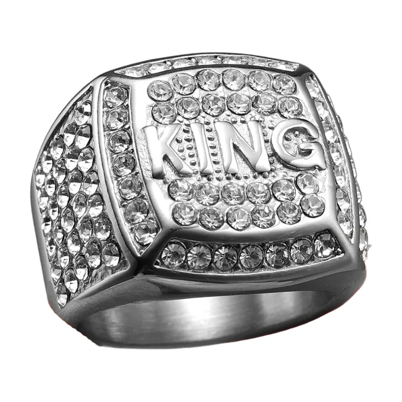 Square Signet Ring with KING Motif and Cubic Zirconia, Stainless Steel