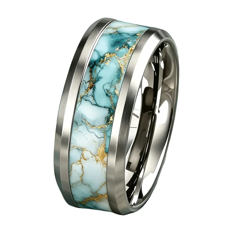 Bague effet marbre bleu et détails dorés, Acier Inoxydable