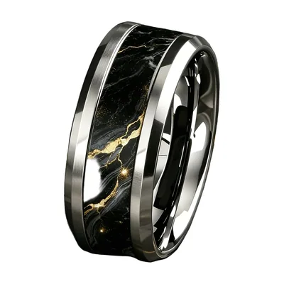 Anillo con Efecto Mármol Negro y Dorado, Acero Inoxidable