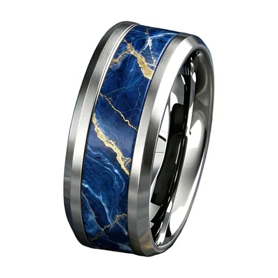 Anillo de Banda Efecto Mármol Azul y Dorado, Acero Inoxidable