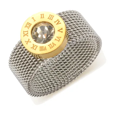 Anillo Sello con números romanos y circonita, acero inoxidable