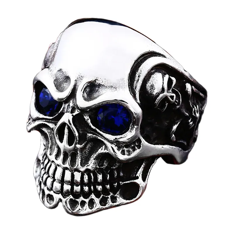 Anello con Triplo Teschio e Pietre Blu, Acciaio Inossidabile