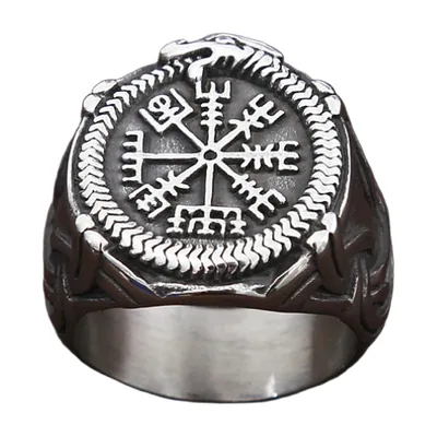 Anillo Vikingo Aegishjalmur y Vegvisir, Acero Inoxidable