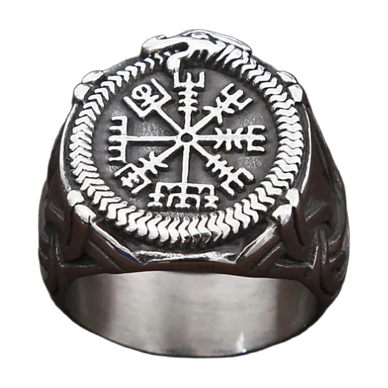 Wikinger Ring mit Aegishjalmur und Vegvisir, Edelstahl
