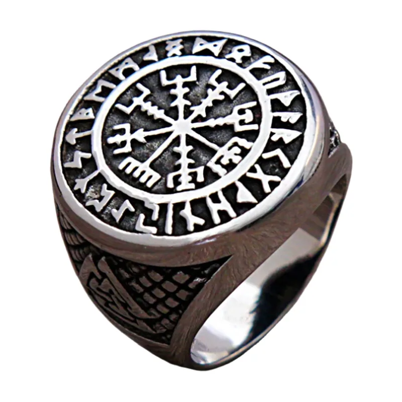 Wikinger Siegelring mit Vegvisir und Aegishjalmur, Edelstahl