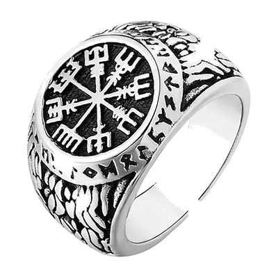 Anello Sigillo Vichingo Vegvisir con Simbolo Aegishjalmur, Acciaio Inox