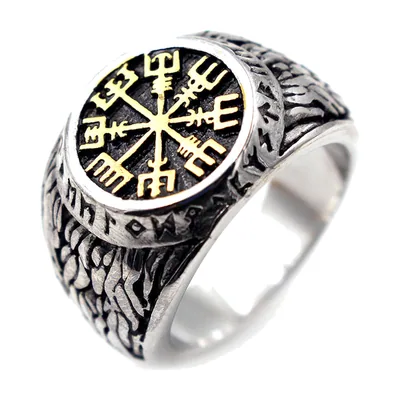 Anillo Sello Vikingo Aegishjalmur y Vegvisir, Acero Inoxidable