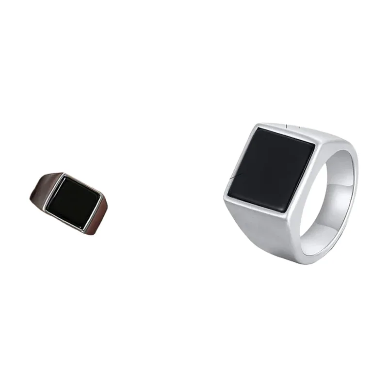 Oval Signet Ring with Black Stone, Stainless Steel