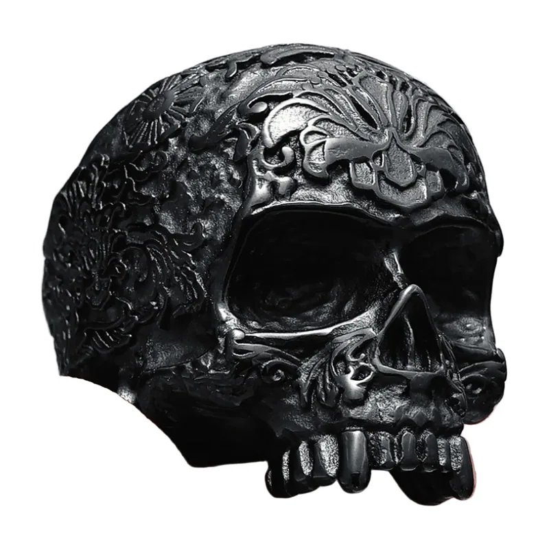 Bague Crâne sculpté avec détails floraux, Acier Inoxydable