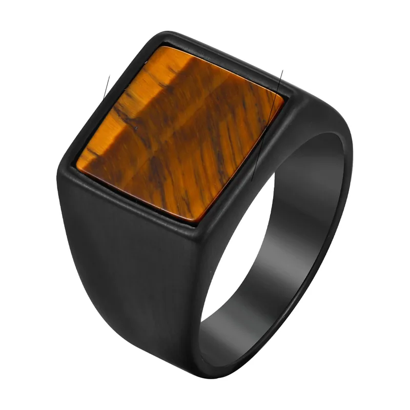 Anillo Sello con Ojo de Tigre, Acero Inoxidable Negro Mate