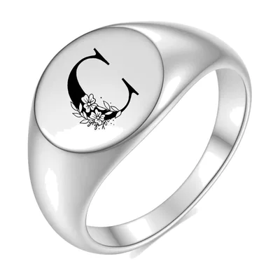 Anillo Sello con Inicial C y Detalle Floral, Acero Inoxidable