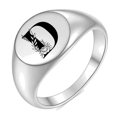 Anillo Sello con Letra D y Detalle Floral, Acero Inoxidable