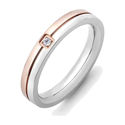 Anillo Bicolor con Circonita Cúbica Cuadrada, Acero Inoxidable