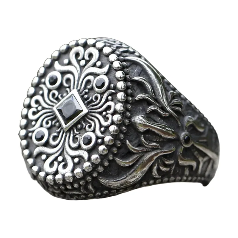 Chevalière Carrée avec Zircone Noire, Acier Inoxydable