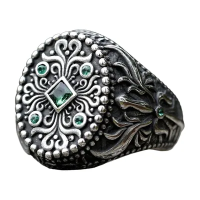Anillo Sello Vintage con Piedras Verdes, Acero Inoxidable