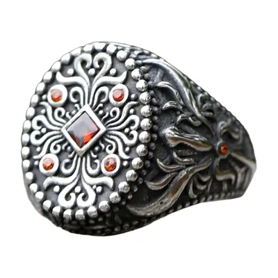 Anillo Sello Vintage con Piedras Rojas, Acero Inoxidable