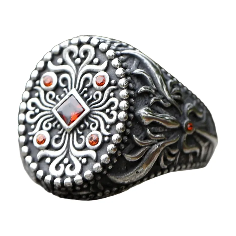Chevalière Vintage avec Pierres Rouges, Acier Inoxydable