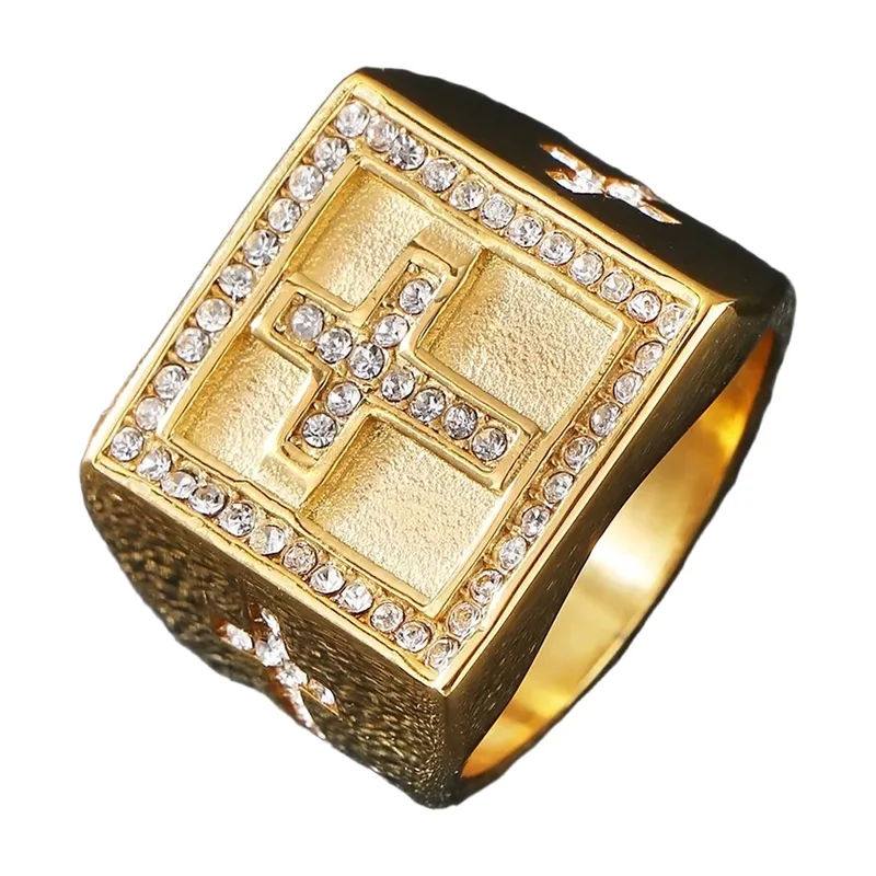 Anello Sigillo Quadrato con Croce e Zirconia, Acciaio Inossidabile
