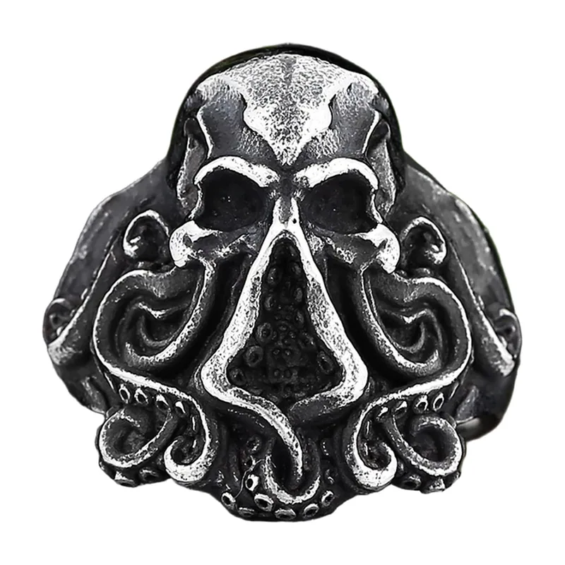 Bague Octopus Skull, Acier Inoxydable Finition Antique