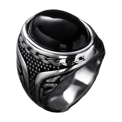 Anillo Sello con Piedra Negra Ovalada, Acero Inoxidable