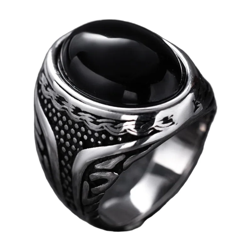 Herren Siegelring mit schwarzem Oval-Stein, Edelstahl