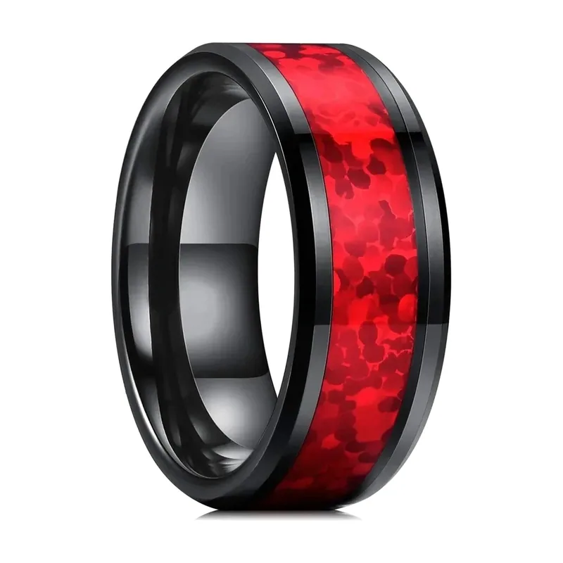 Bague noire avec incrustation en nacre d'ormeau, acier inoxydable