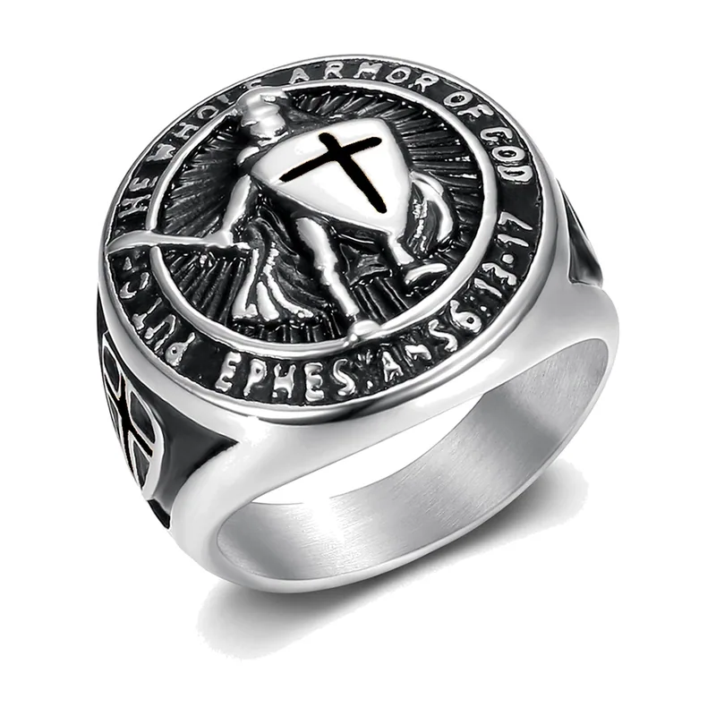 Chevalier Templier Bague Chevalière avec Bouclier, Acier Inoxydable