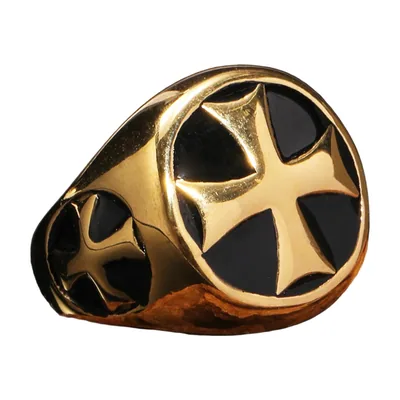Anillo Sello Templario con Esmalte Negro, Acero Inoxidable