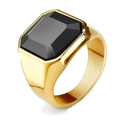 Anillo Sello cuadrado con piedra negra, acero inoxidable