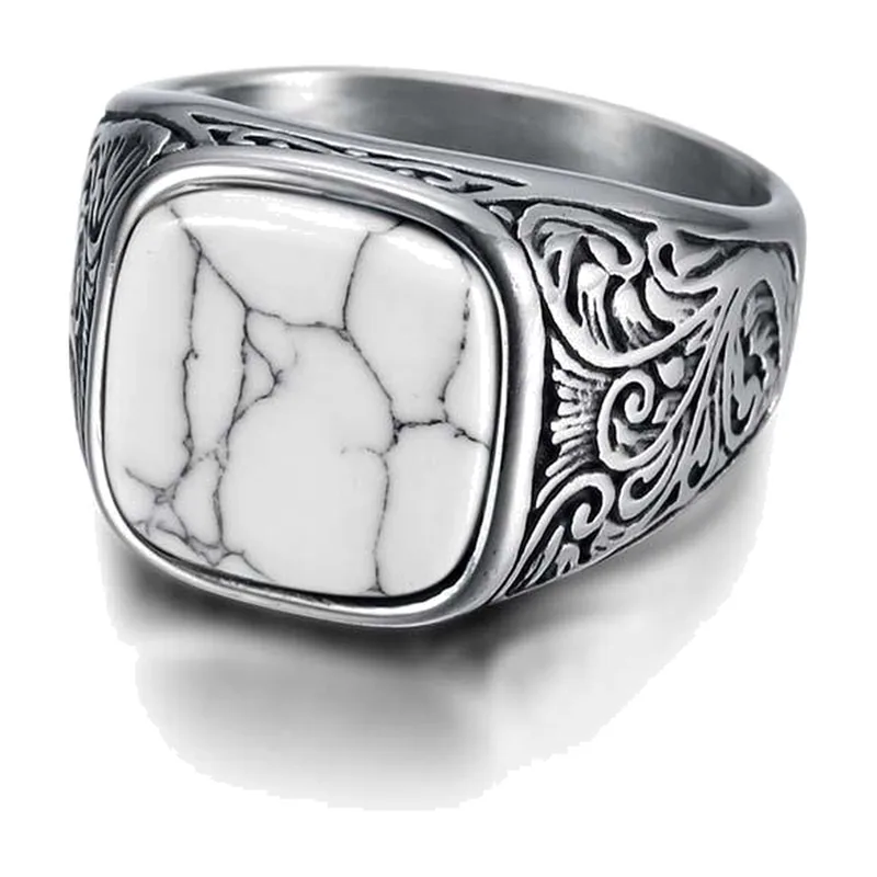 Square Signet Ring with White Stone and Scrollwork, Stainless Steel