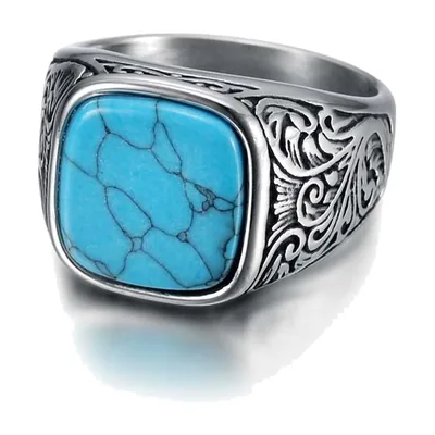 Sello cuadrado con piedra azul y grabados florales, acero inoxidable