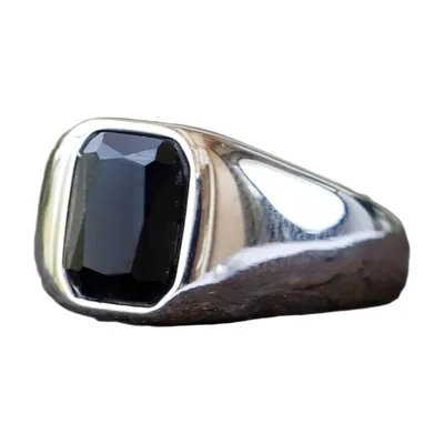 Anillo Sello Cuadrado con Piedra Negra, Acero Inoxidable 316L