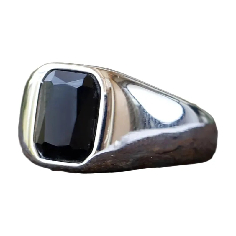 Square Signet Ring with Black Stone, 316L Stainless Steel