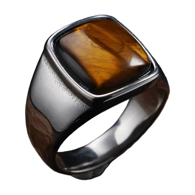 Anillo Sello con Piedra Ojo de Tigre, Acero Inoxidable