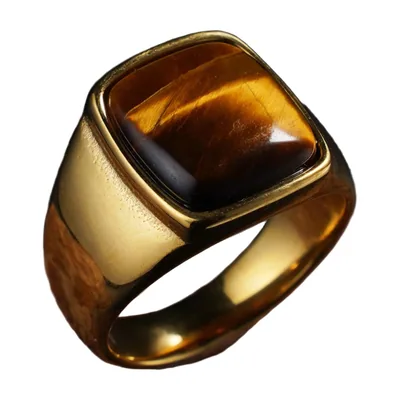 Anillo Sello Cuadrado con Ojo de Tigre, Acero Inoxidable