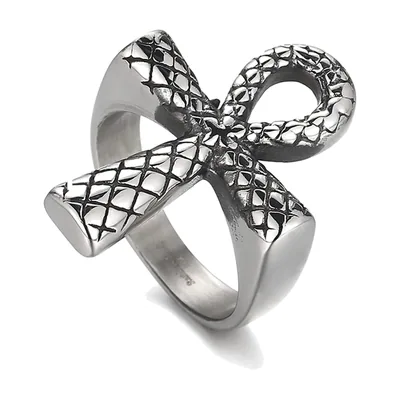 Anillo con Símbolo Ankh y Detalles Texturizados, Acero Inoxidable