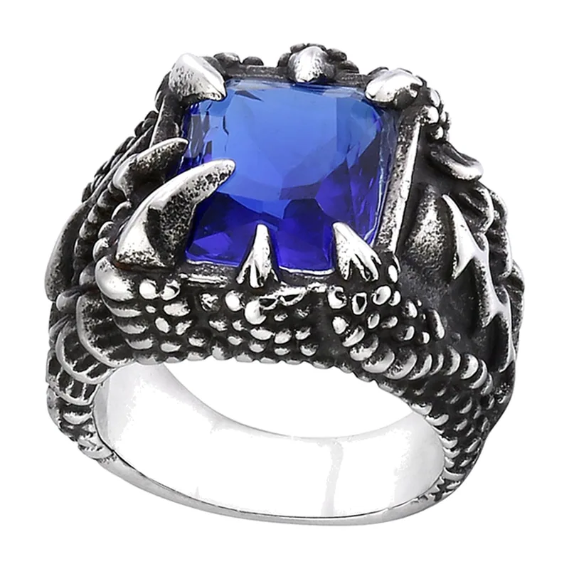 Wikinger Drachenkrallen-Ring mit blauem Stein, Edelstahl