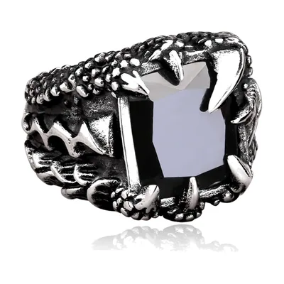 Anillo de Garra de Dragón Nórdico con Piedra Negra, Acero Inoxidable