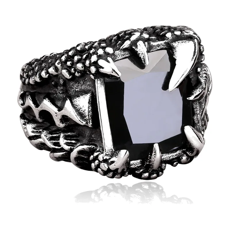 Nordischer Drachenkrallen-Ring mit schwarzem Stein, Edelstahl