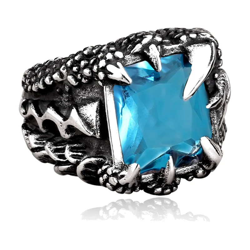 Bague Griffe de Dragon Viking avec Pierre Bleue, Acier Inoxydable