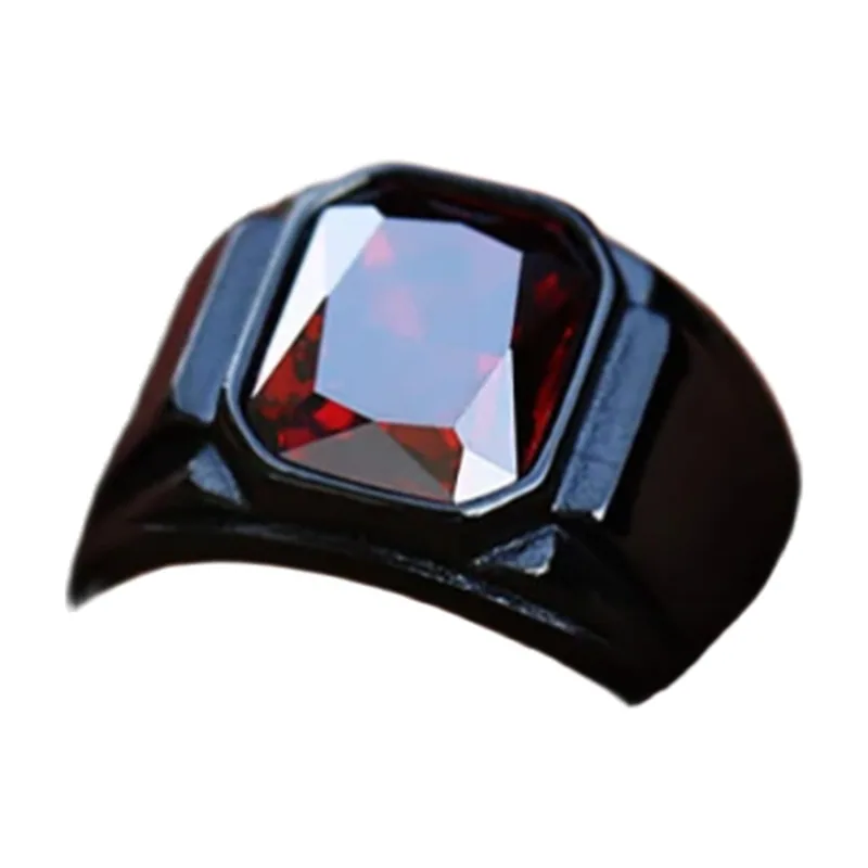 Chevalière Carrée avec Pierre Rouge, Acier Inoxydable Noir