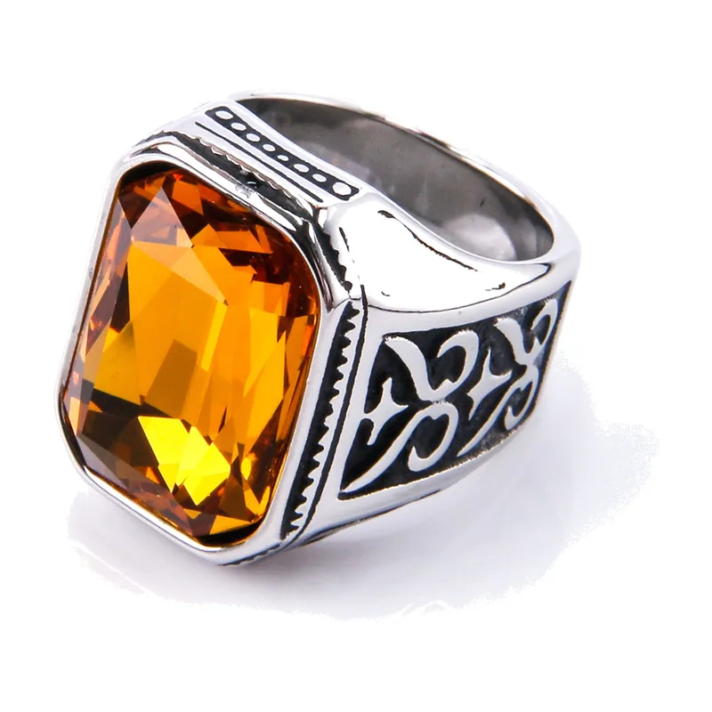 Square Signet Ring with Amber Stone and Scrollwork, Stainless Steel