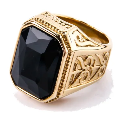 Biker Signet Ring with Black Stone, Stainless Steel