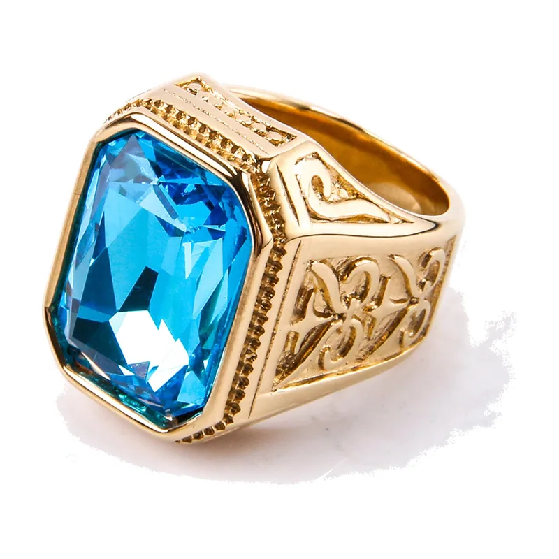 Square Signet Ring with Blue Stone and Scrollwork, Stainless Steel