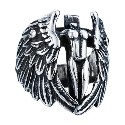 Engelsflügel Statement-Ring mit zentraler Figur, Edelstahl